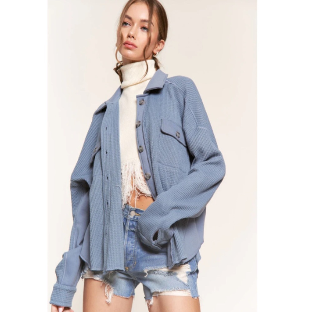 Vici denim Blue Ribbed Knit Button Down Shacket - Picture 2 of 3